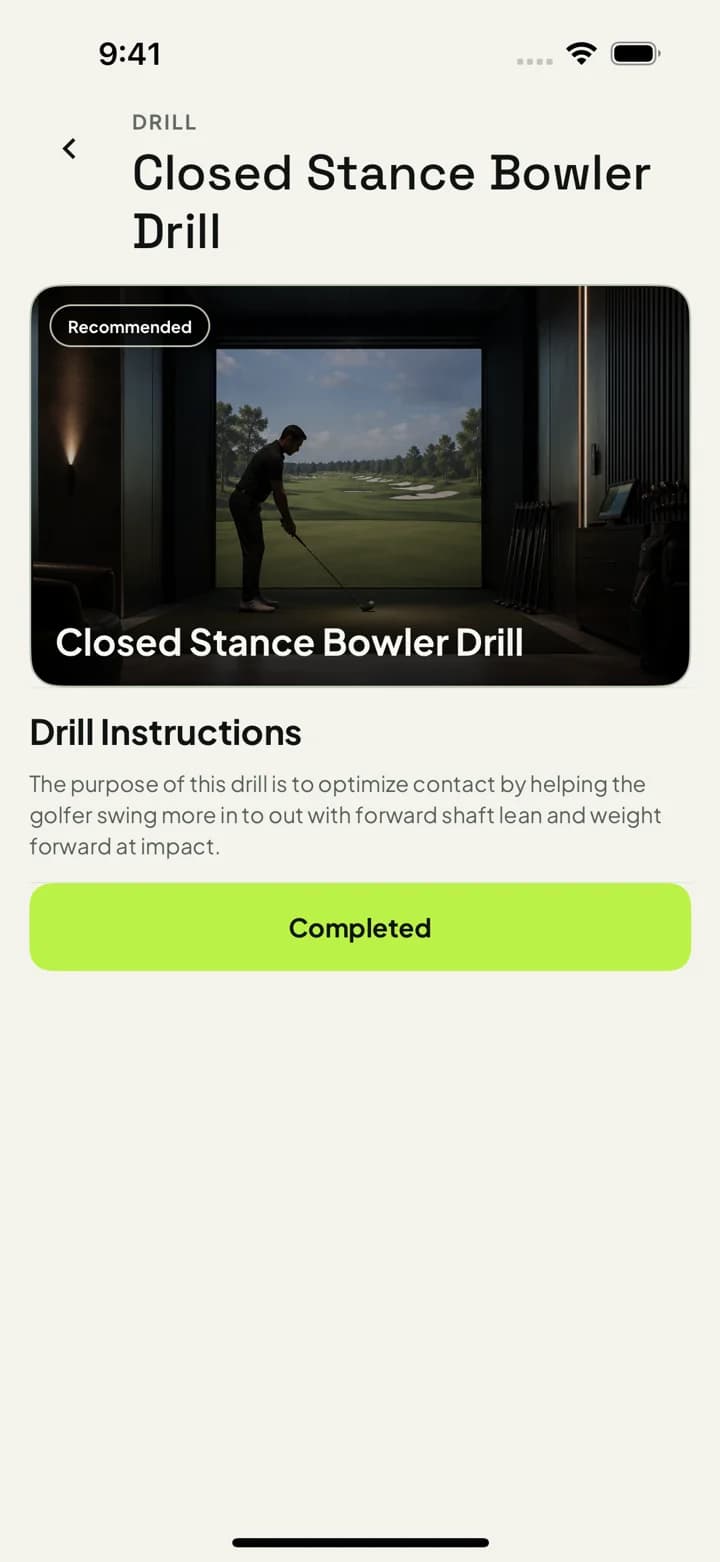 Current SwingSmith practice screen with a recommended Closed Stance Bowler Drill and its instructions.