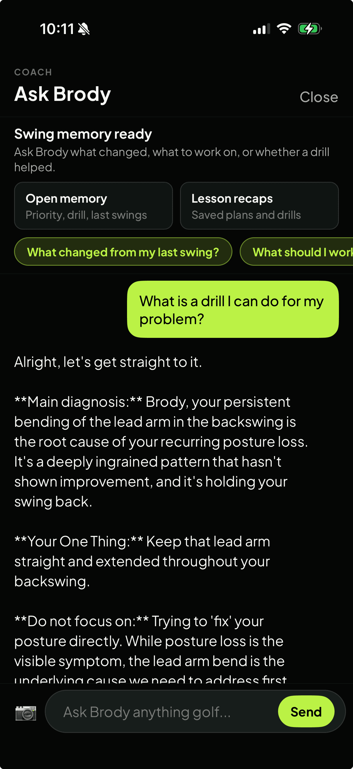 Ask Brody screen showing swing memory, previous swing prompts, and a drill follow-up answer