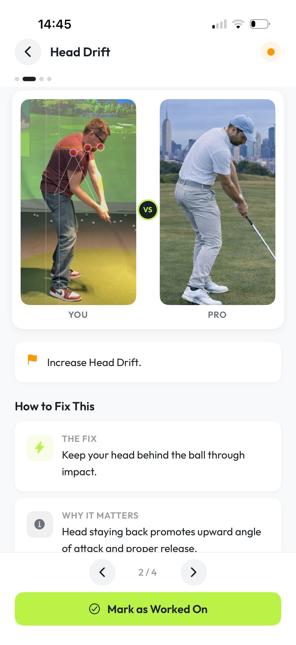 Side-by-side comparison of user swing and pro swing