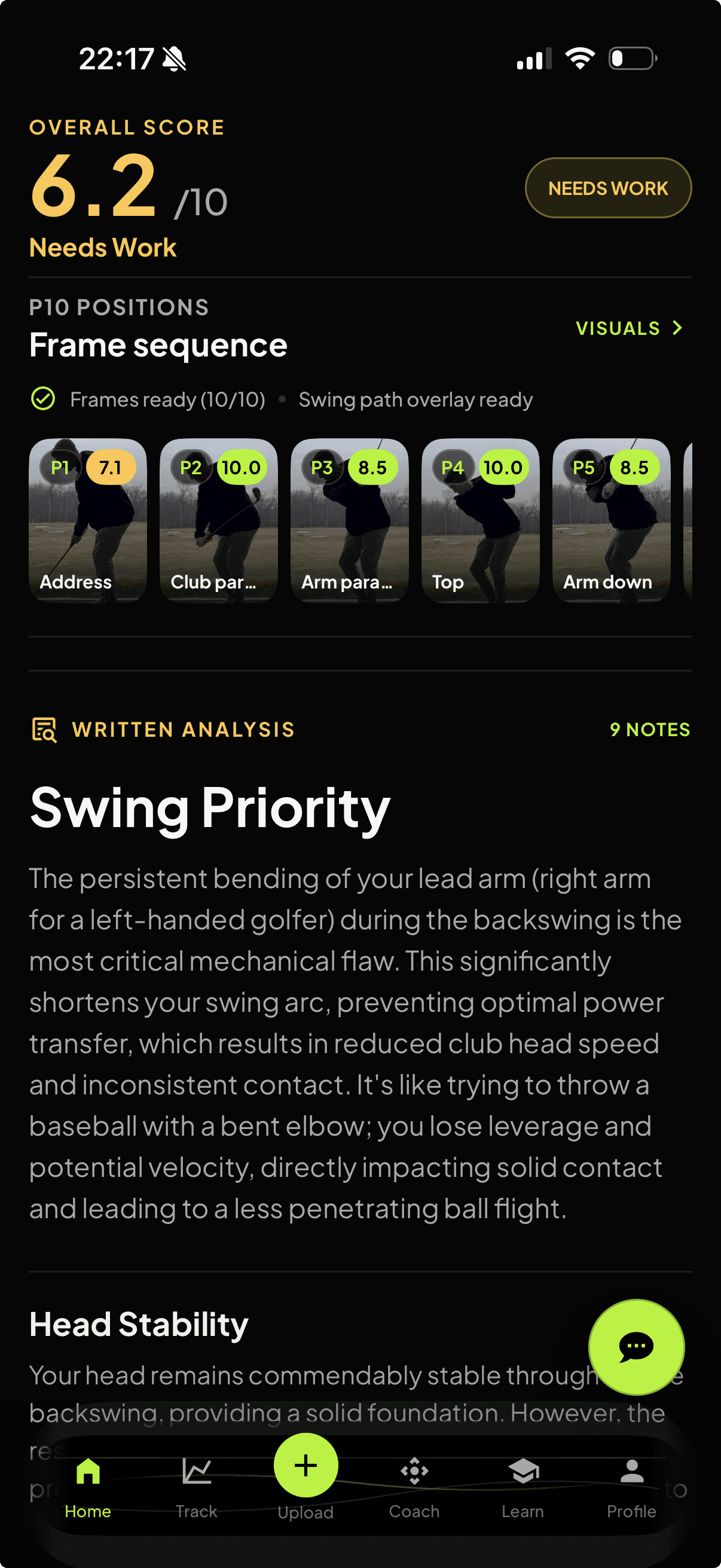 Swing analysis score with position breakdown and priority fix card