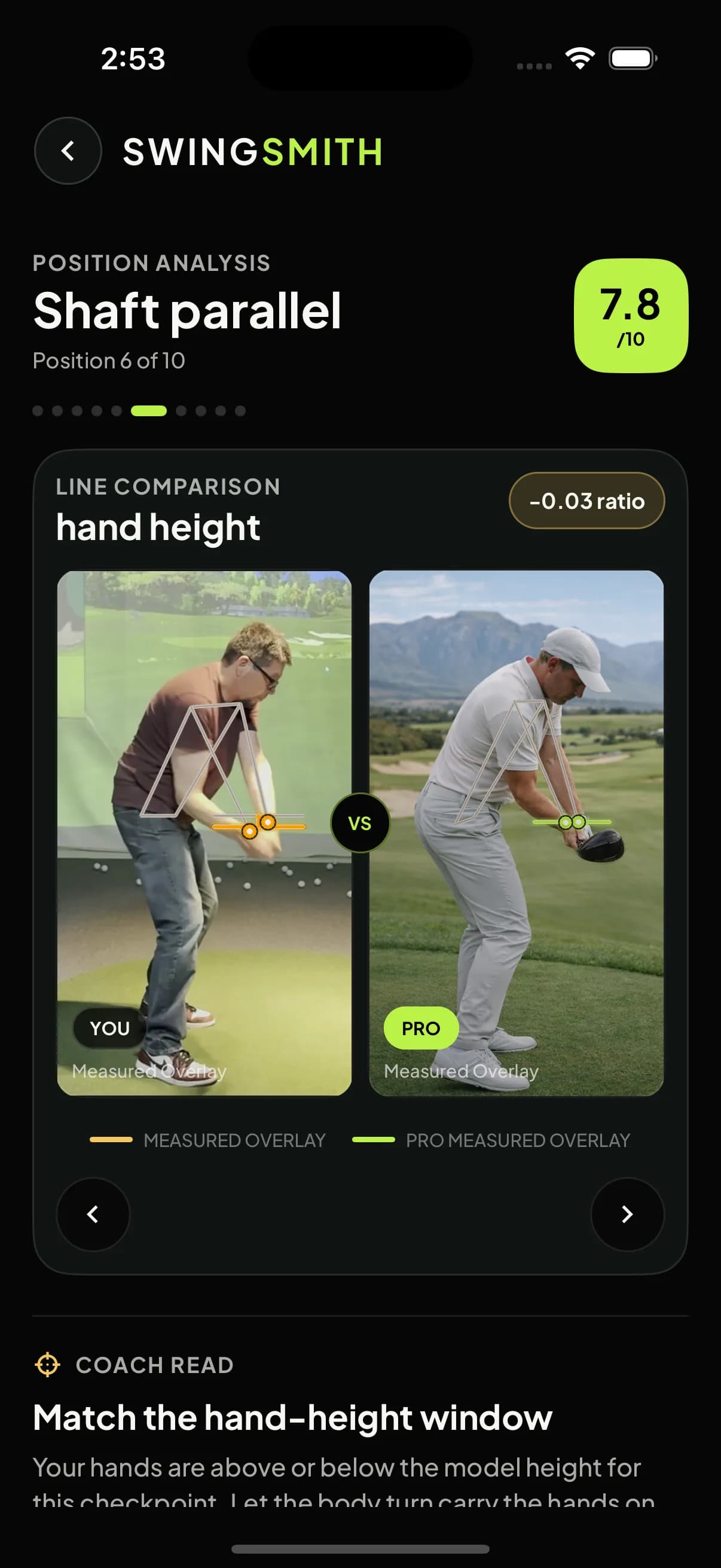 Dark-mode side-by-side comparison of user swing and pro swing