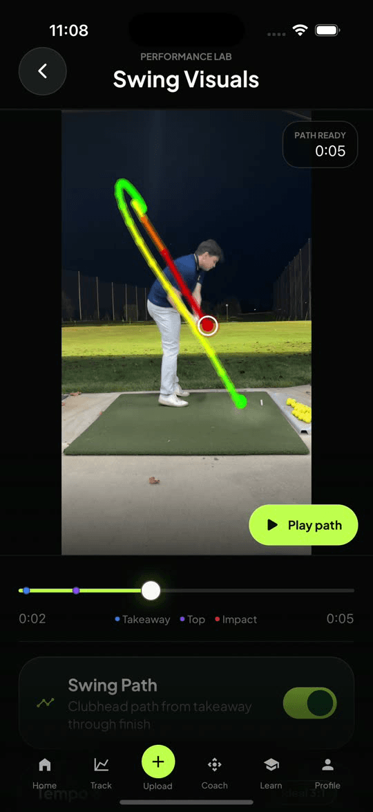 Current SwingSmith dark swing path visuals screen