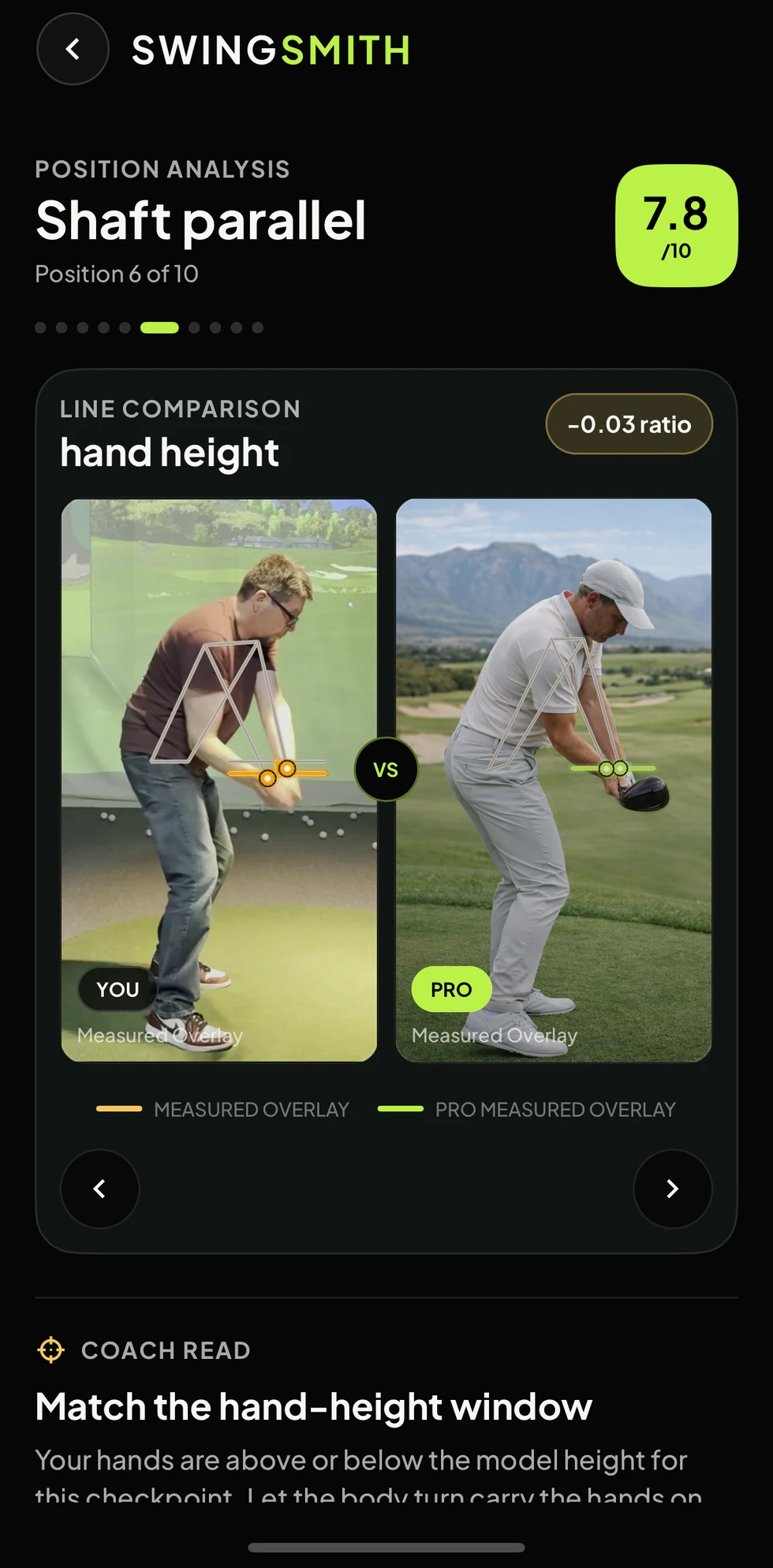 SwingSmith app result showing the position score, You versus Pro comparison, controls, and coach read
